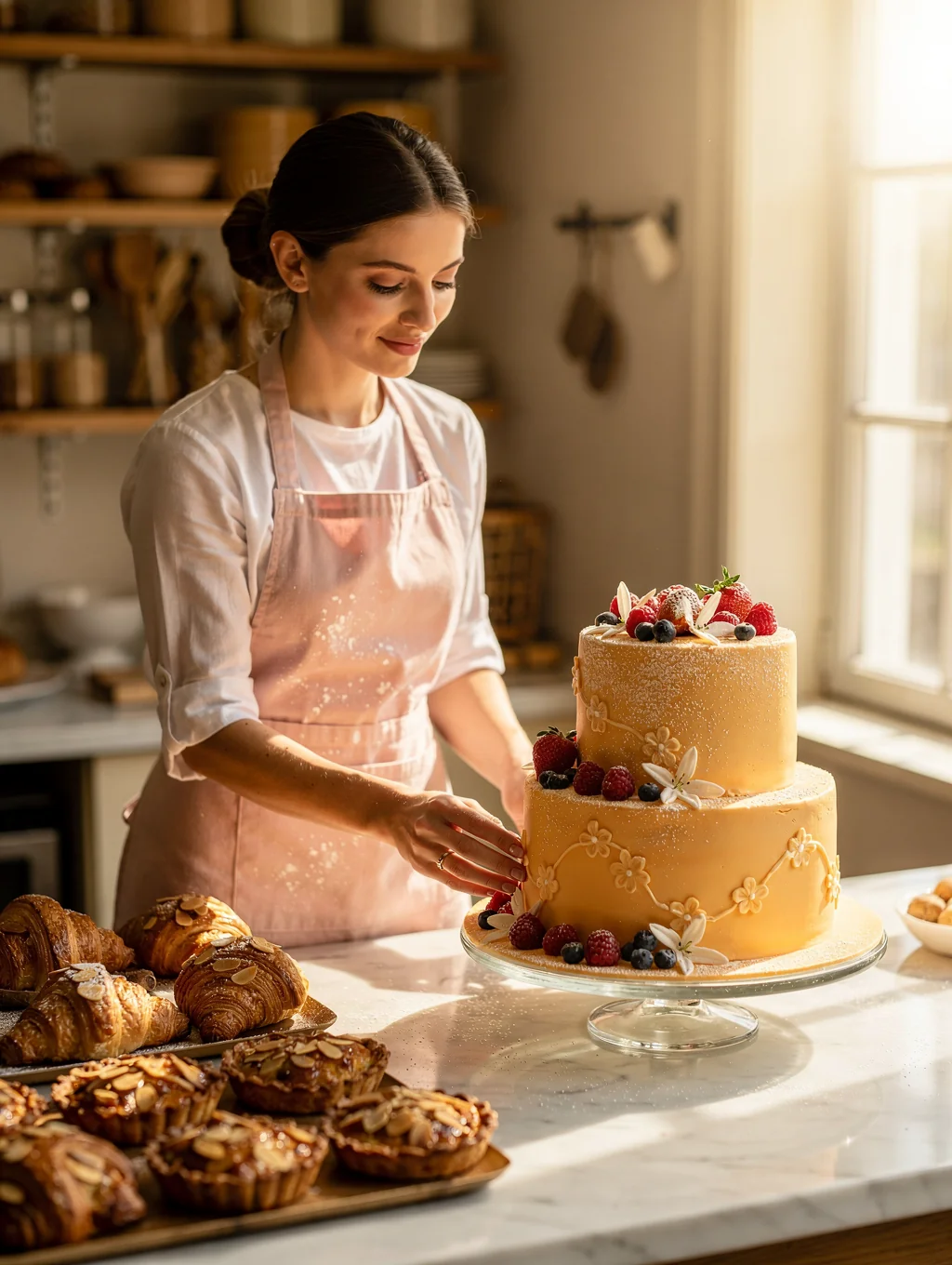 Pastry Chef Elena Bianchi plating a delicate seasonal dessert