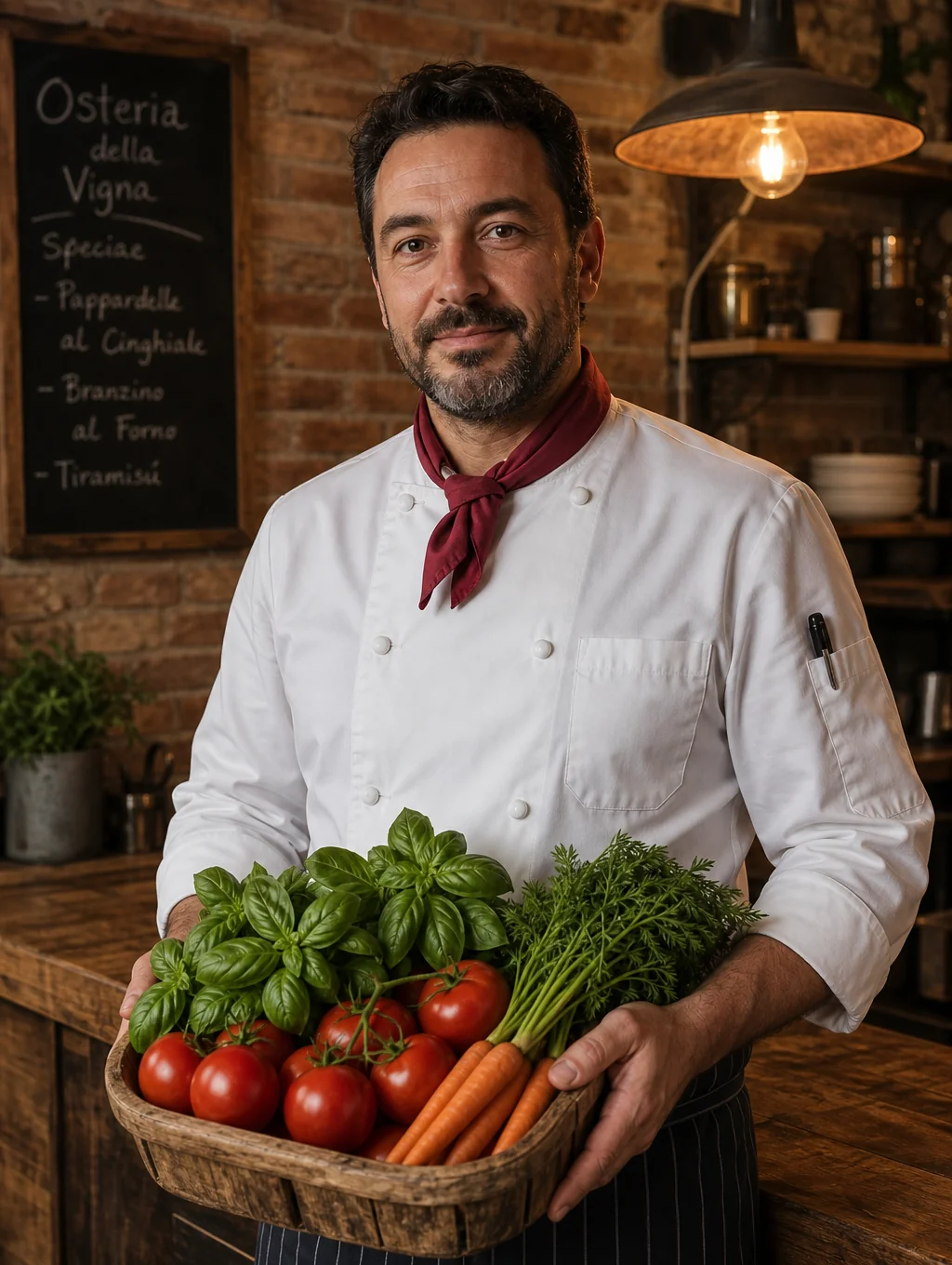 Sous Chef Luca Moretti inspecting fresh seasonal vegetables for the evening service