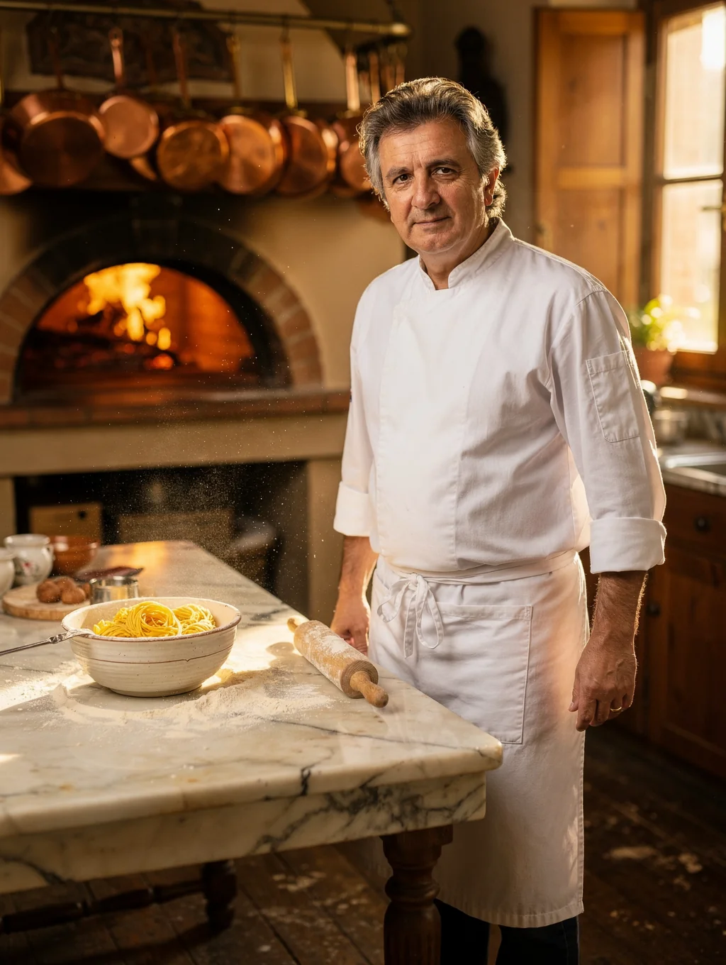 Head Chef Marco Rossi preparing fresh handmade pasta in the kitchen
