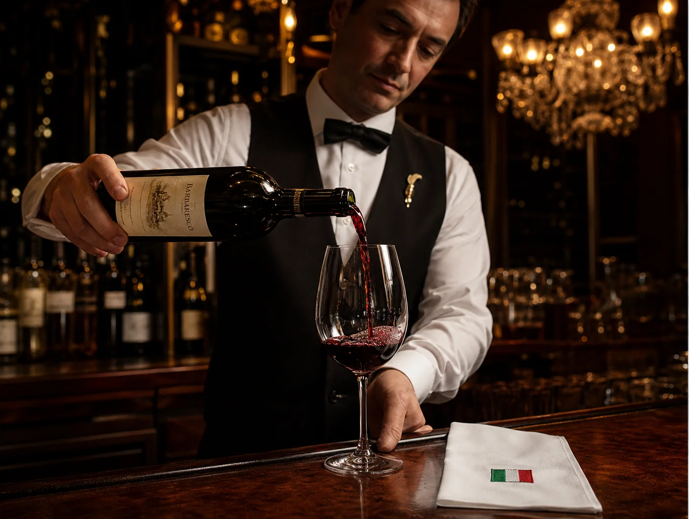 Sommelier pouring Amarone wine into crystal burgundy glass