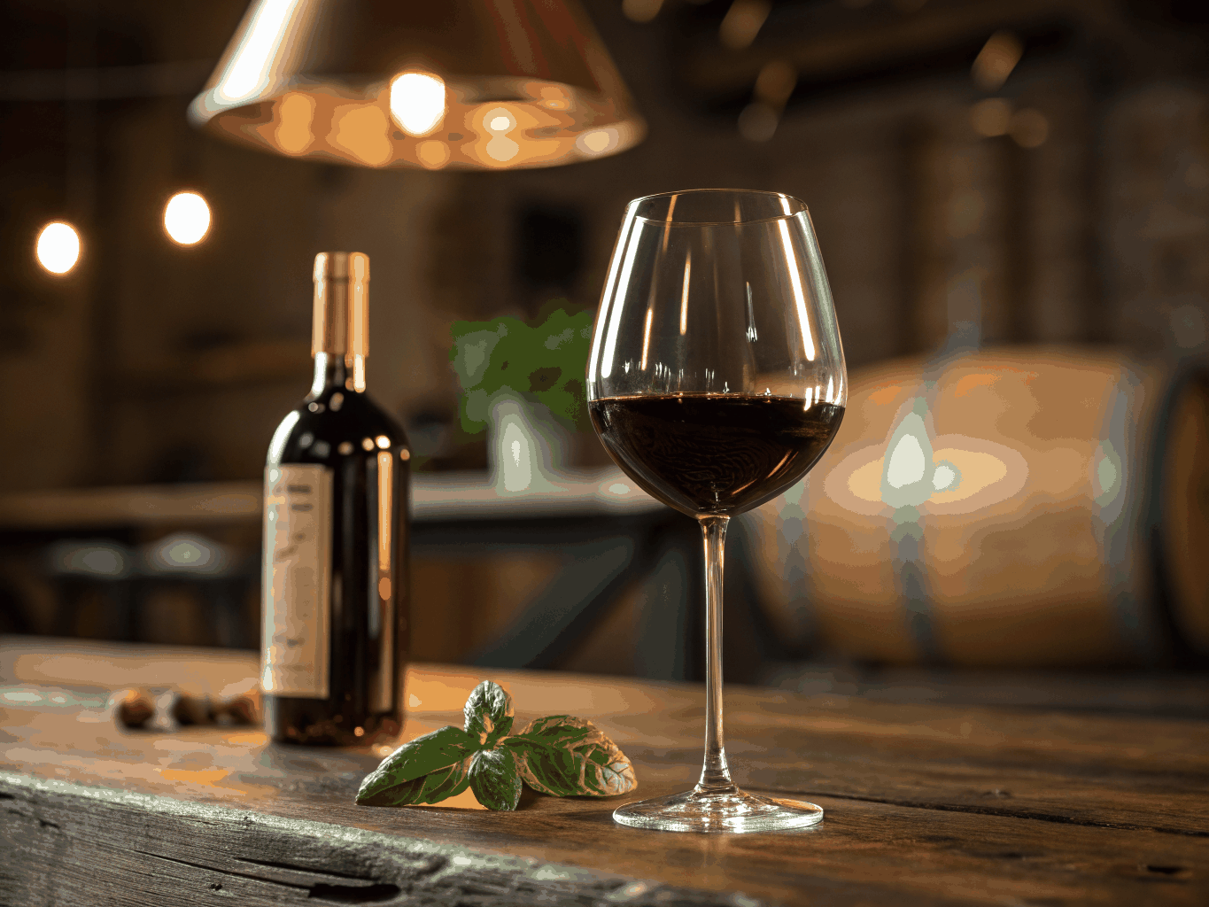 A bottle and glass of red Barolo wine in an elegant dining setting